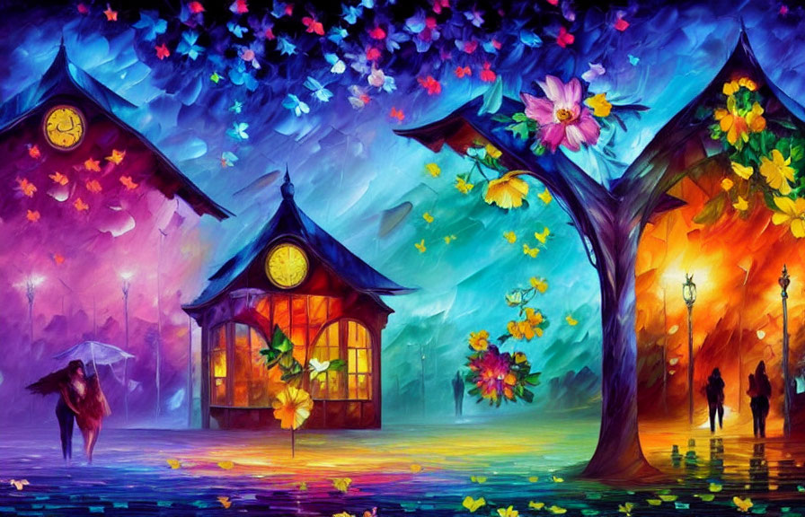 Vibrant painting of people under glowing streetlamps and kiosk surrounded by colorful trees.