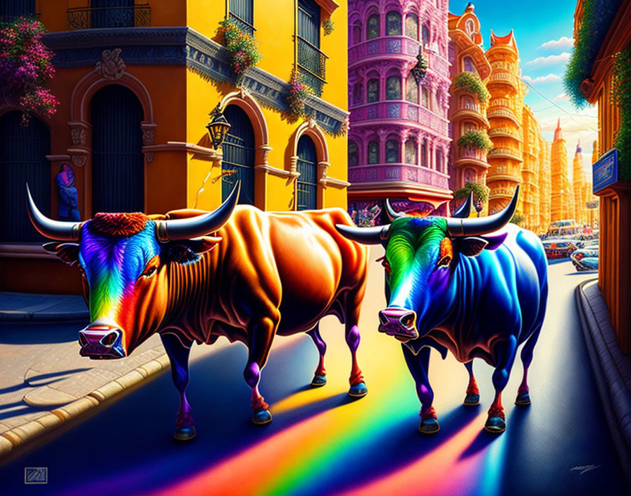 Vibrantly colored bulls walking on sunlit street with rainbow shadows