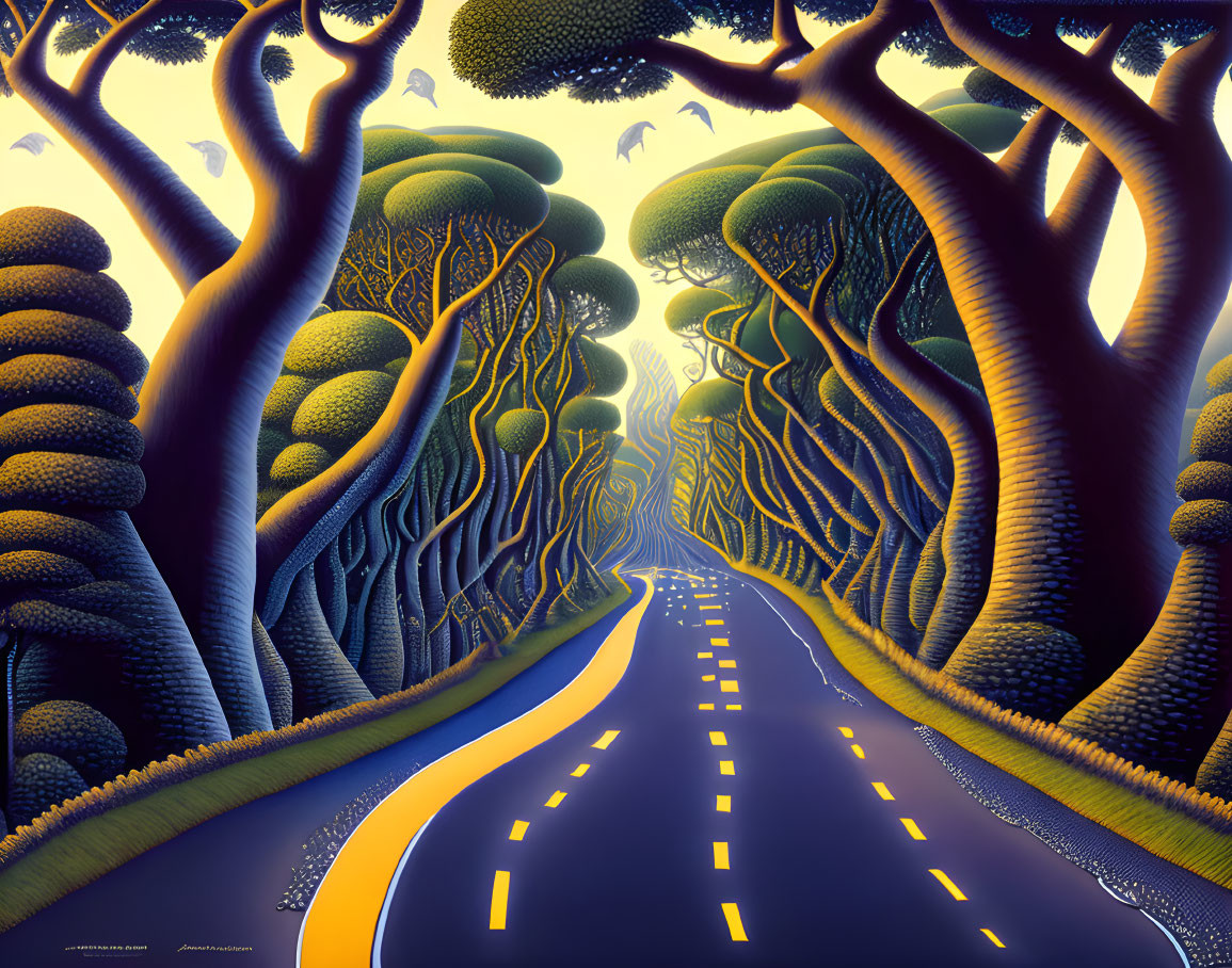 Vibrantly Colored Stylized Trees on Surreal Road