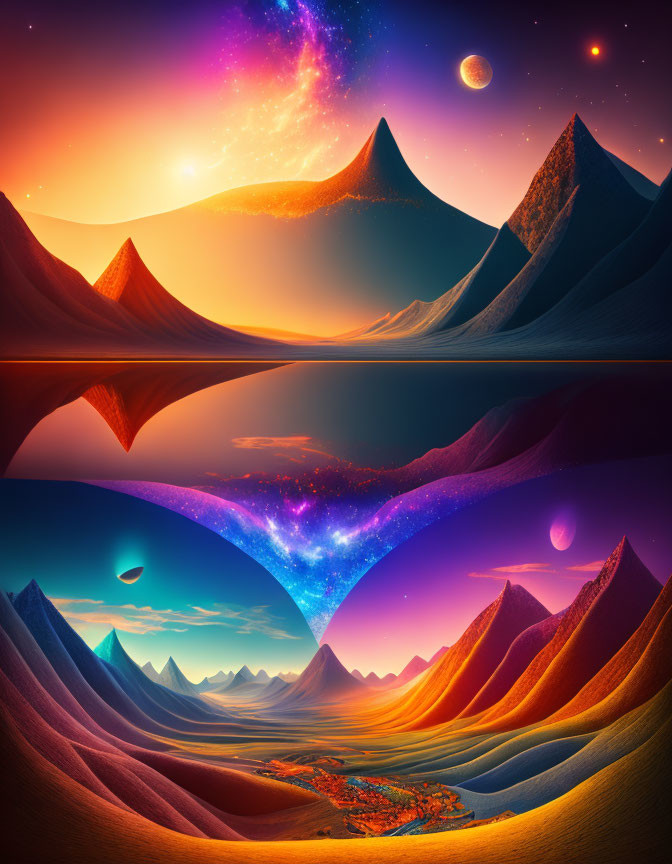 Symmetrical surreal landscape with vibrant colors and celestial elements