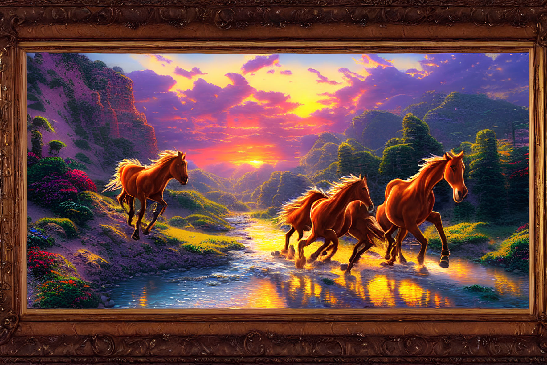 Three galloping horses painting at sunset with vibrant flowers and cliffs in ornate frame