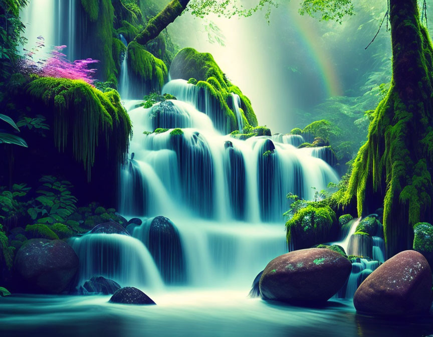 Tranquil waterfall scene with lush greenery and rainbow