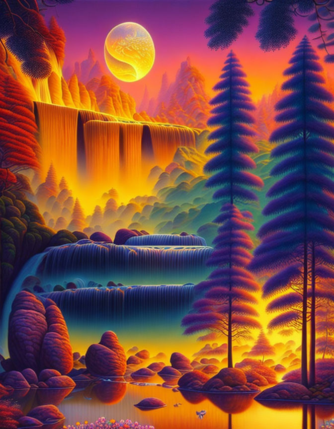 Surreal landscape with waterfalls, colorful foliage, lake, moon