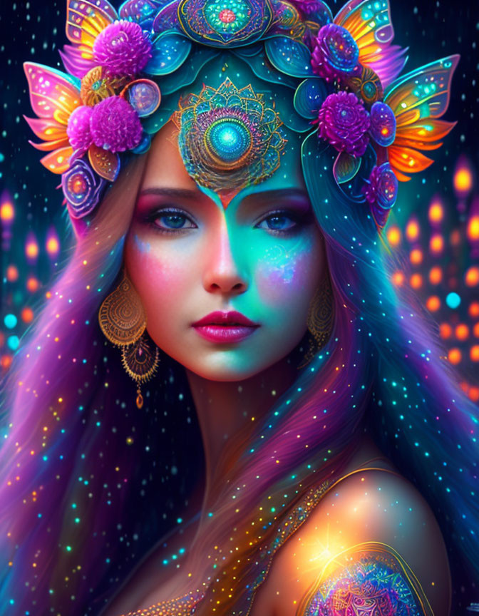 Colorful digital portrait of woman with floral headpiece and long hair on bokeh background