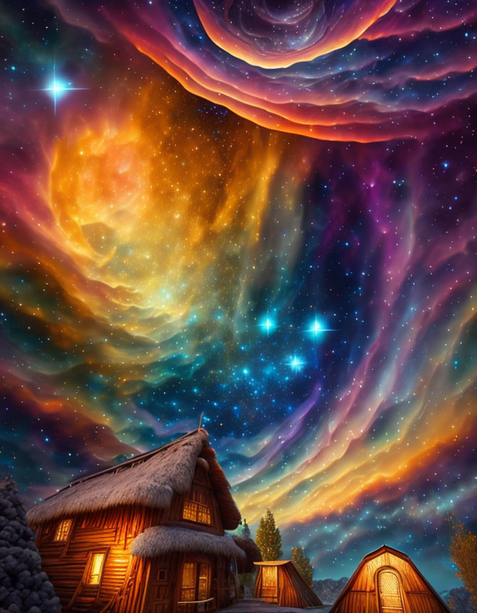 Colorful digital artwork: Wooden cabins under cosmic sky