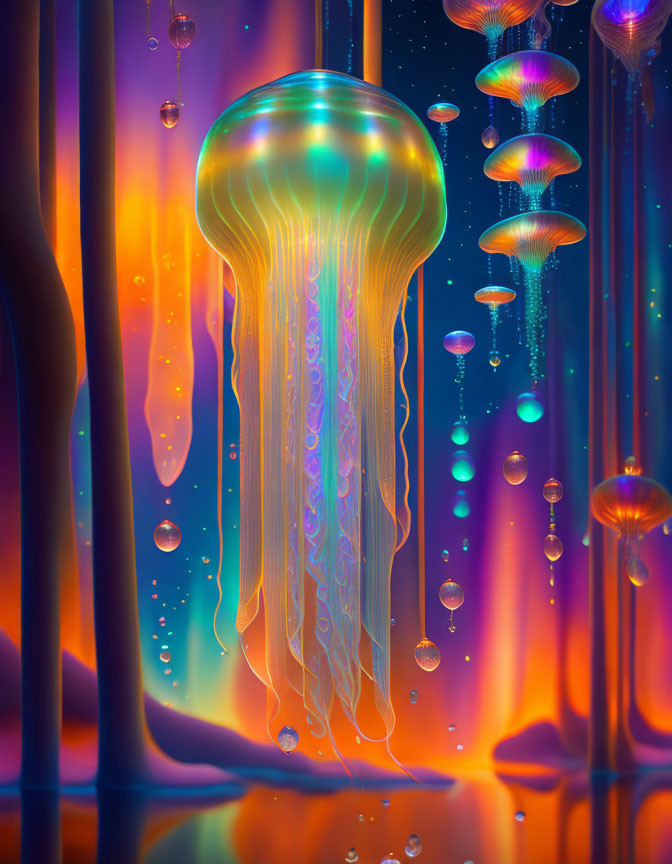 Vibrant digital artwork: Glowing jellyfish in neon-lit underwater scene