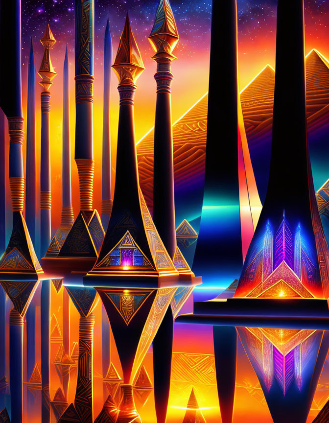 Futuristic neon-lit spires with geometric patterns on glossy surface