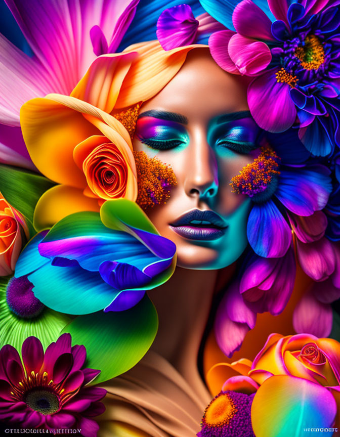 Colorful Flower Adorned Woman with Blue and Pink Makeup