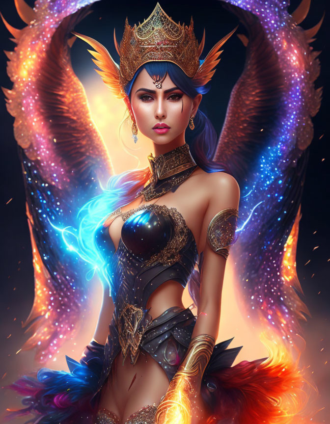 Fantasy female warrior digital artwork with fiery and icy aura in cosmic setting