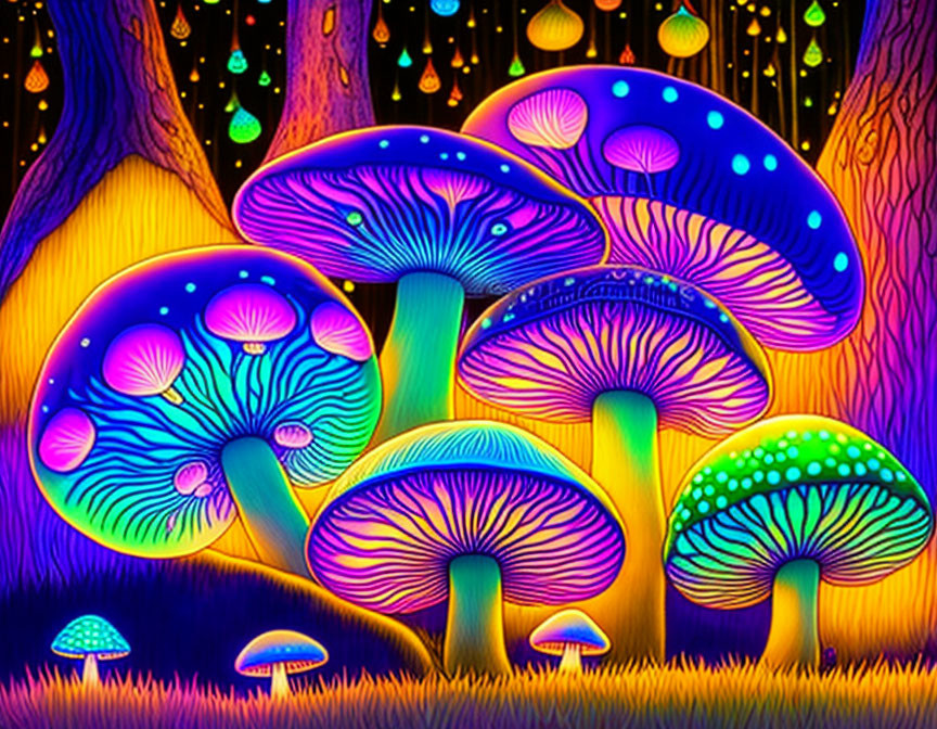 Colorful Psychedelic Mushroom Illustration in Vibrant Forest Setting