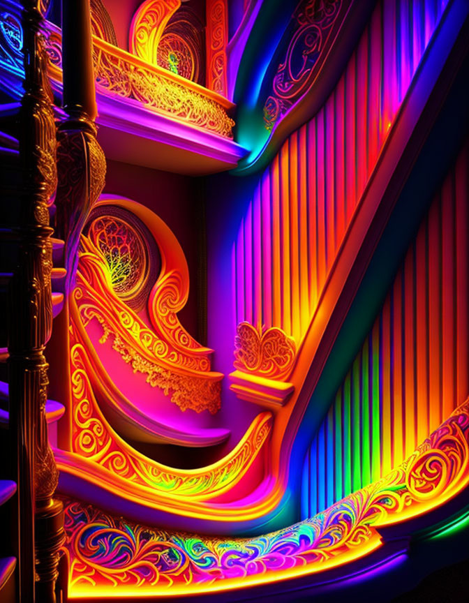 Colorful Rainbow Neon-Lit Staircase with Glossy Finish