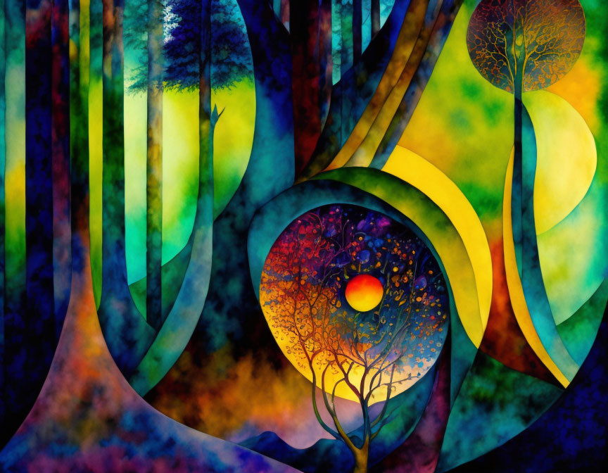 Colorful Abstract Forest with Swirls and Glowing Orb