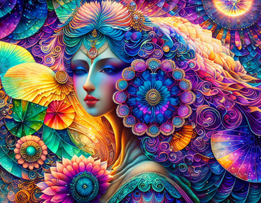 Colorful Psychedelic Artwork of Woman with Mandala Motifs