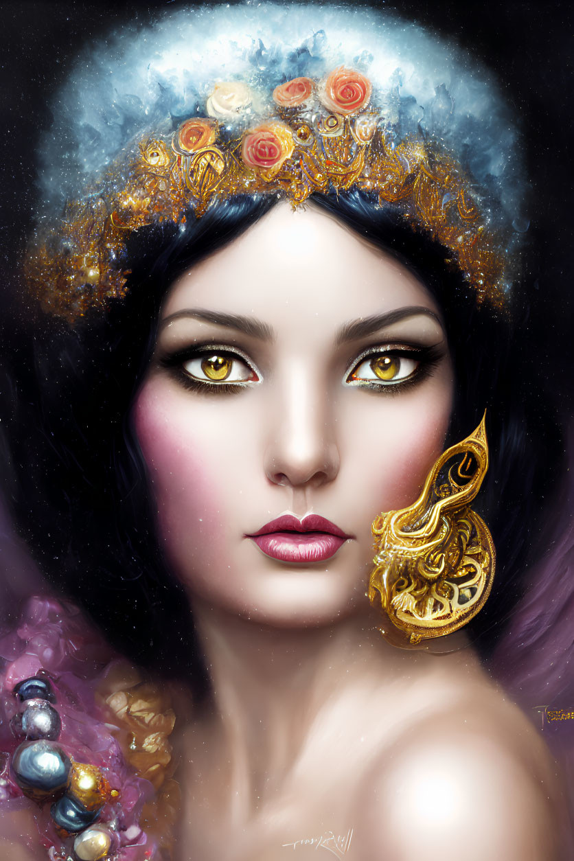 Portrait of Woman with Striking Golden Eyes and Bejeweled Accessories