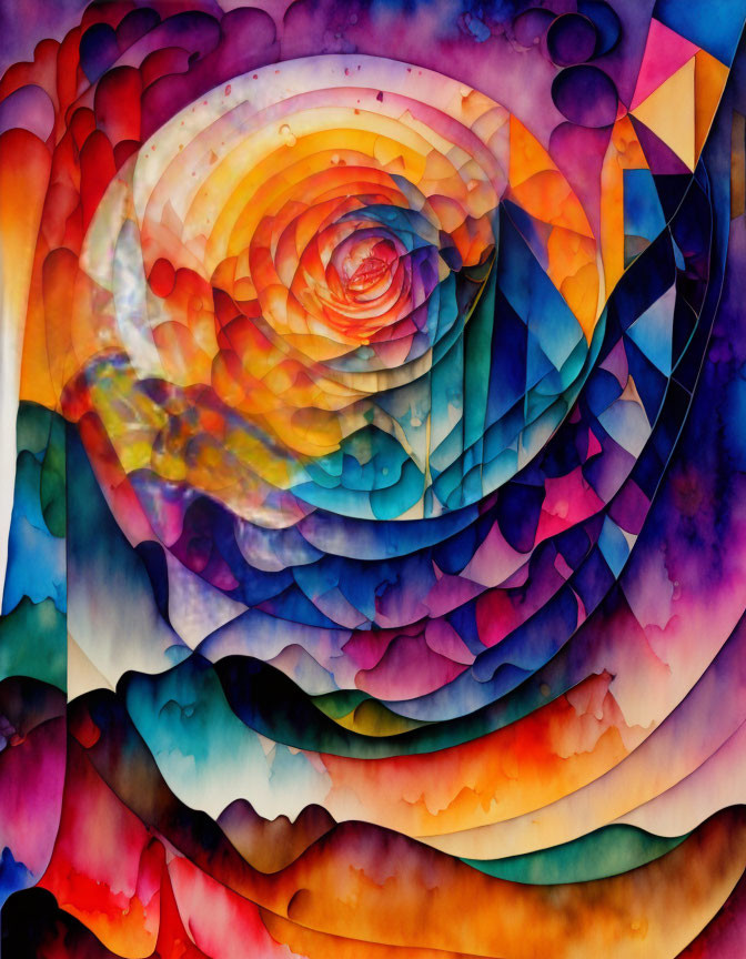 Abstract Watercolor Painting: Vibrant Swirling Colors Resembling Blooming Flower