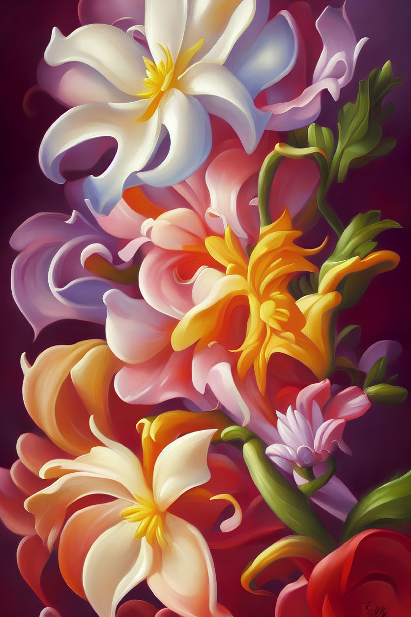 Colorful Flower Painting with Red, Orange, and Purple Background