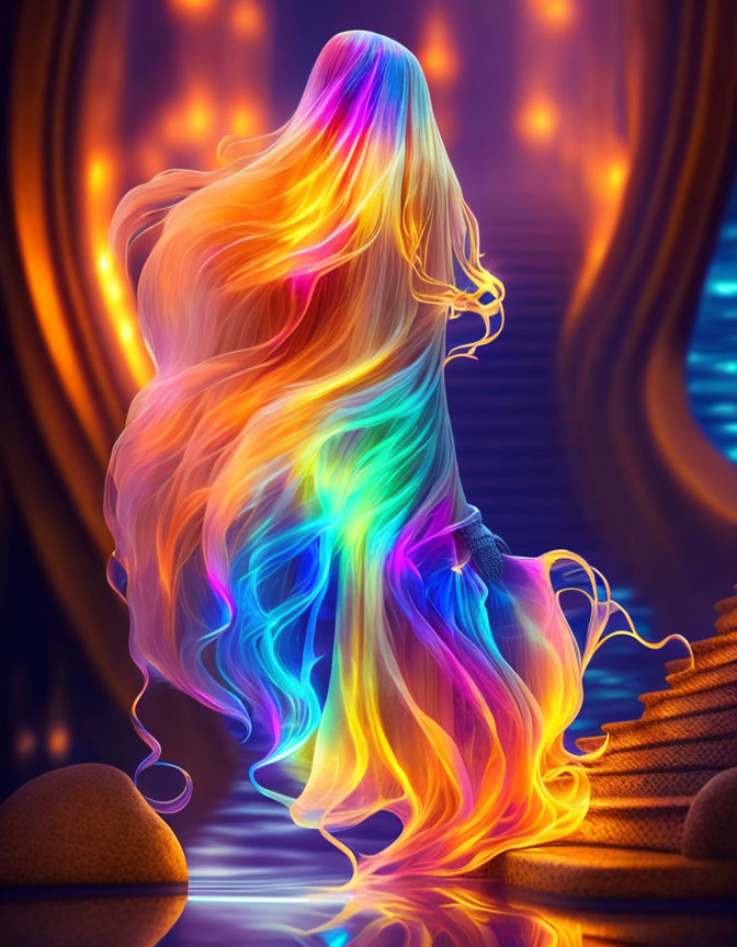 Colorful Person with Rainbow Hair in Fantasy Environment with Glowing Orbs