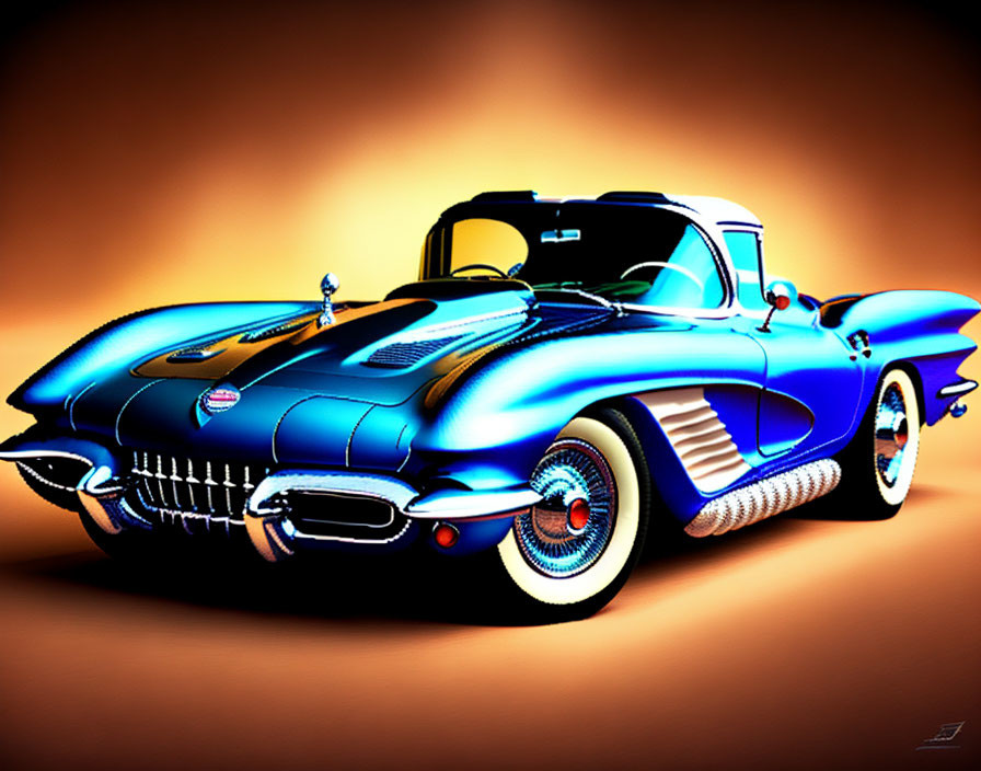 Classic Blue Chevrolet Corvette with White-Wall Tires on Orange Gradient Background