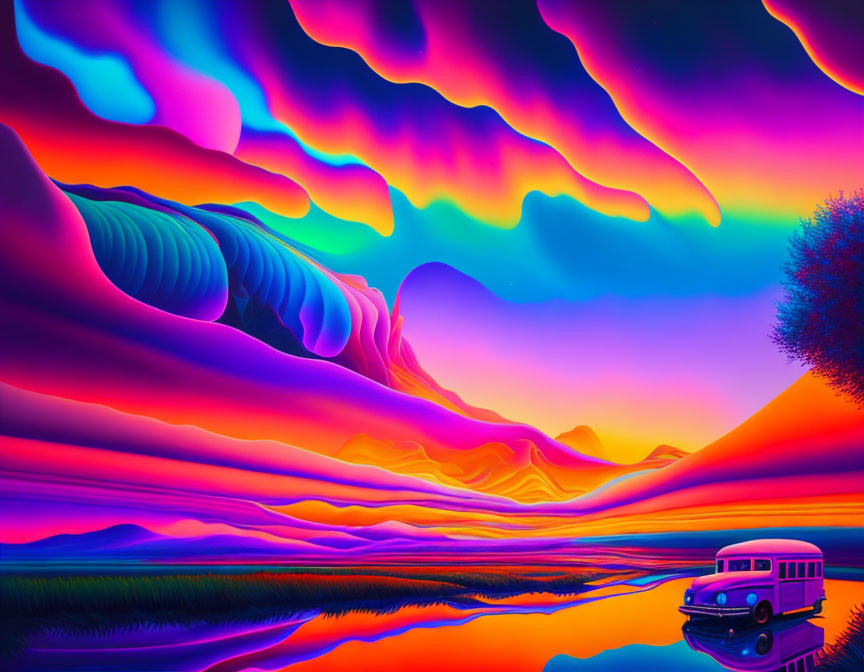 Vibrant surreal landscape with neon colors, rolling hills, water body, classic van, and styl