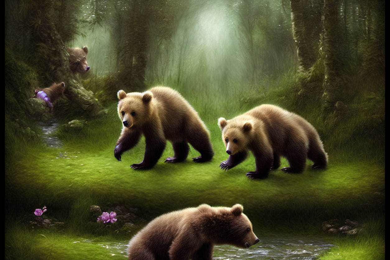 Brown Bear Cubs Playing in Mystical Green Forest