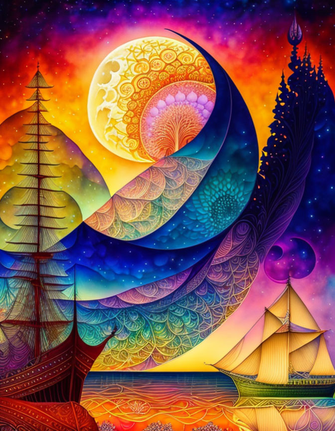 Colorful Artwork: Whimsical Nature and Ships under Swirling Moon