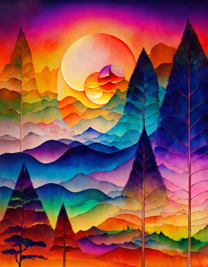 Colorful Watercolor Landscape with Layered Hills and Silhouetted Trees