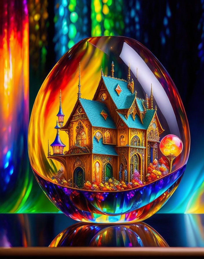 Colorful Crystal Ball with Miniature Fantasy Castle and Bokeh Background