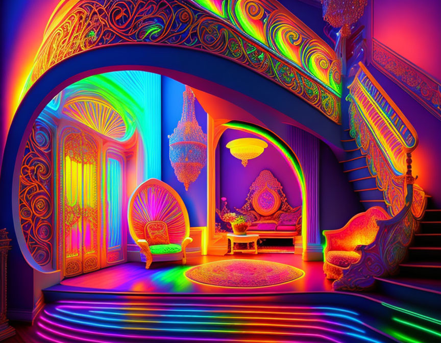 Colorful interior with neon lights, rainbow staircase, ornate furniture, and intricate door designs.