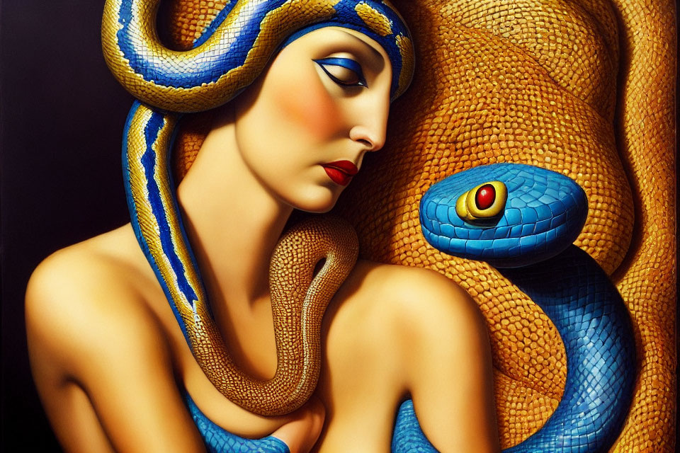 Stylized painting of woman with blue and gold snake intertwined