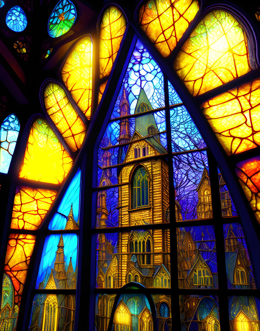 Vibrant stained glass window with Gothic church silhouette against starry sky