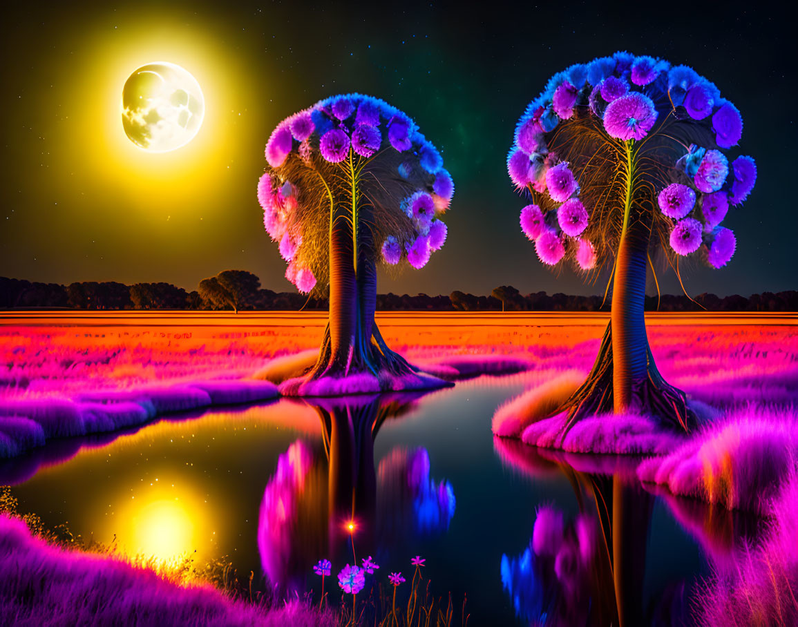 Vibrant glowing trees under a starry sky with moonlit water.