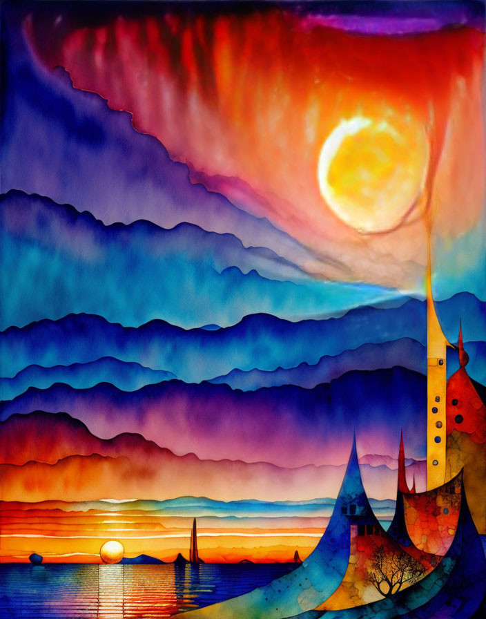 Surreal watercolor painting of castle by the sea at dramatic sunset