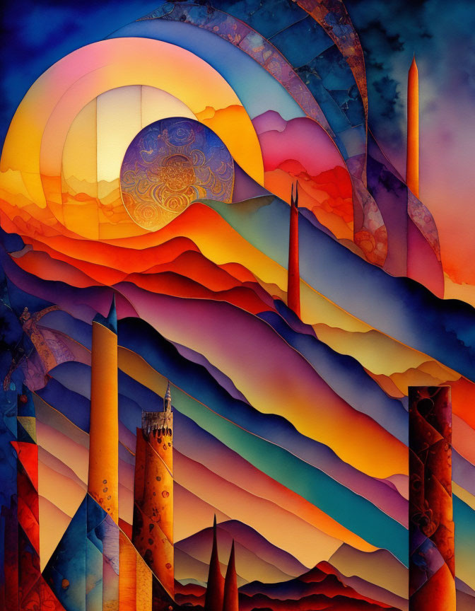 Abstract Sunset Artwork with Swirling Patterns and Architectural Elements