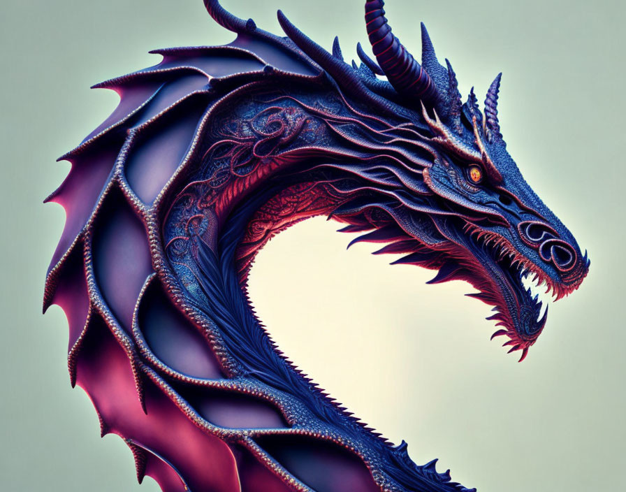 Detailed Dragon Illustration with Blue and Purple Scales and Red Eyes