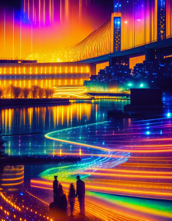 Vibrant neon light reflections on water with silhouetted figures by futuristic bridge.