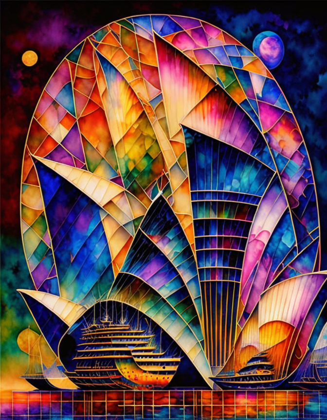 Stained-glass style sailing ship on celestial background