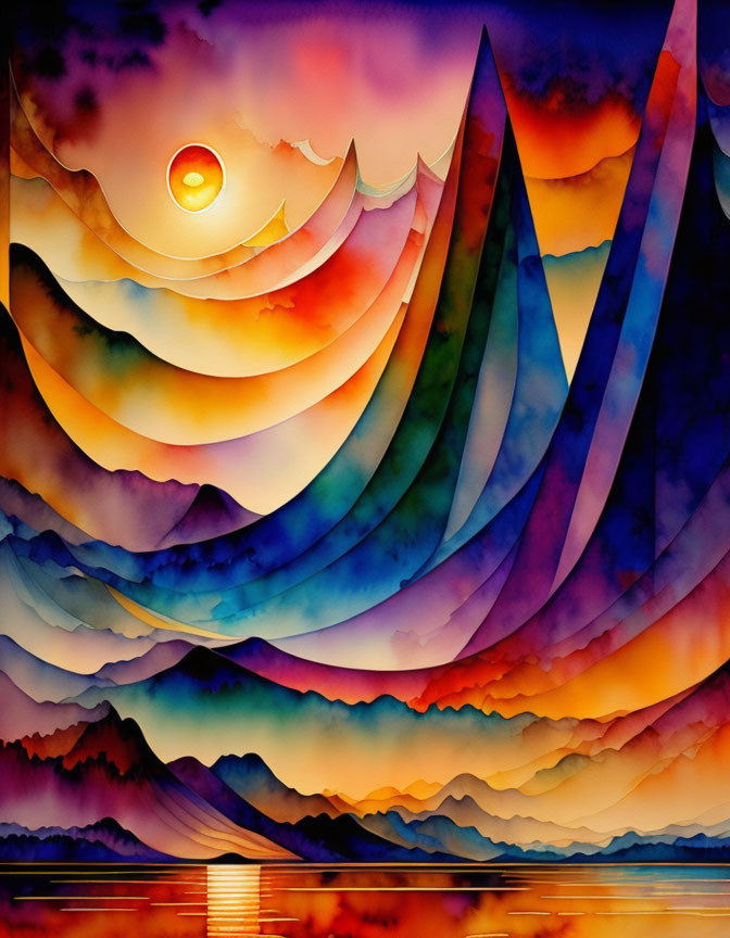 Colorful watercolor painting of waves and mountains at sunset