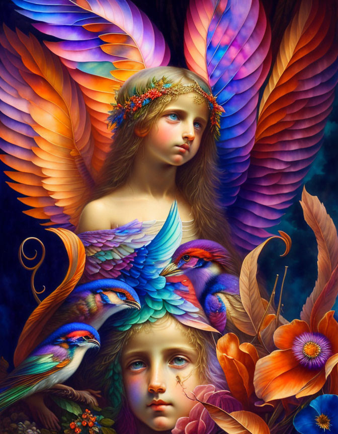 Colorful digital artwork: Angelic figures with multicolored wings, birds, and flowers