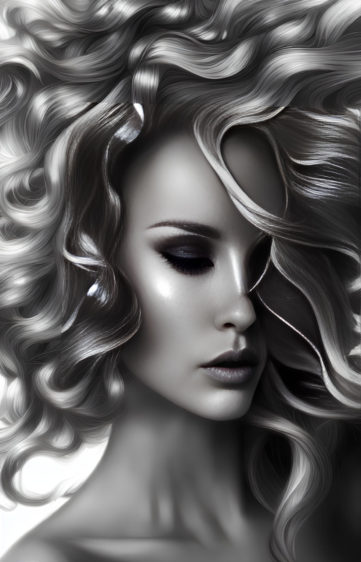 Monochrome portrait of person with voluminous hair and detailed makeup