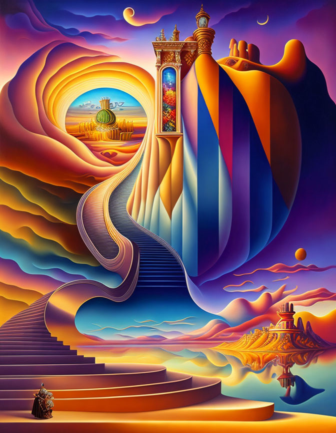 Surreal landscape with staircase, gate, robes, castle, and colorful sky