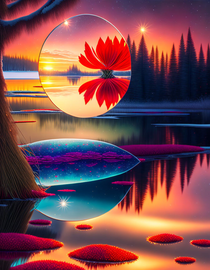 Scenic lakeside view with neon lotus leaves and starlit sky