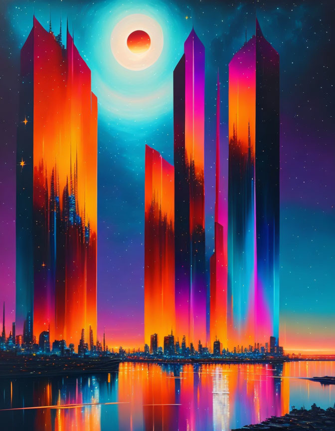 Futuristic cityscape with skyscrapers under eclipse and starry sky