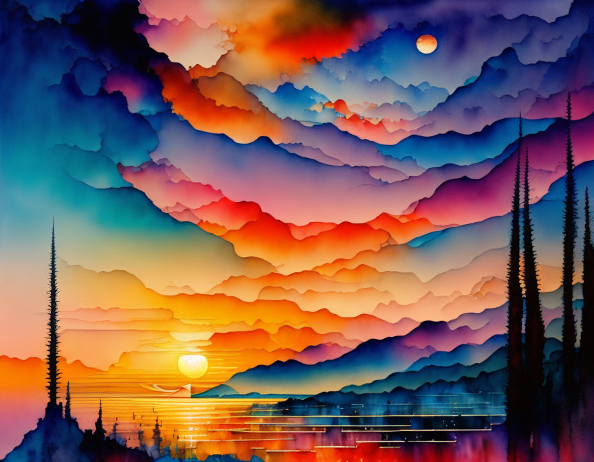 Scenic watercolor painting: layered mountains, sunrise, lake reflection, colorful sky