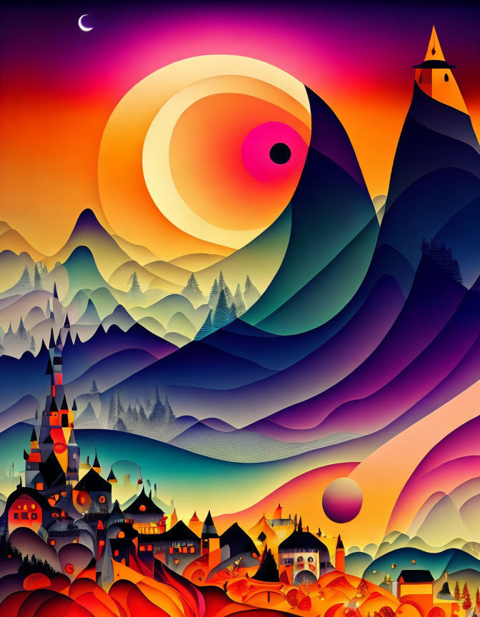 Surreal landscape with whimsical castle and swirling hills