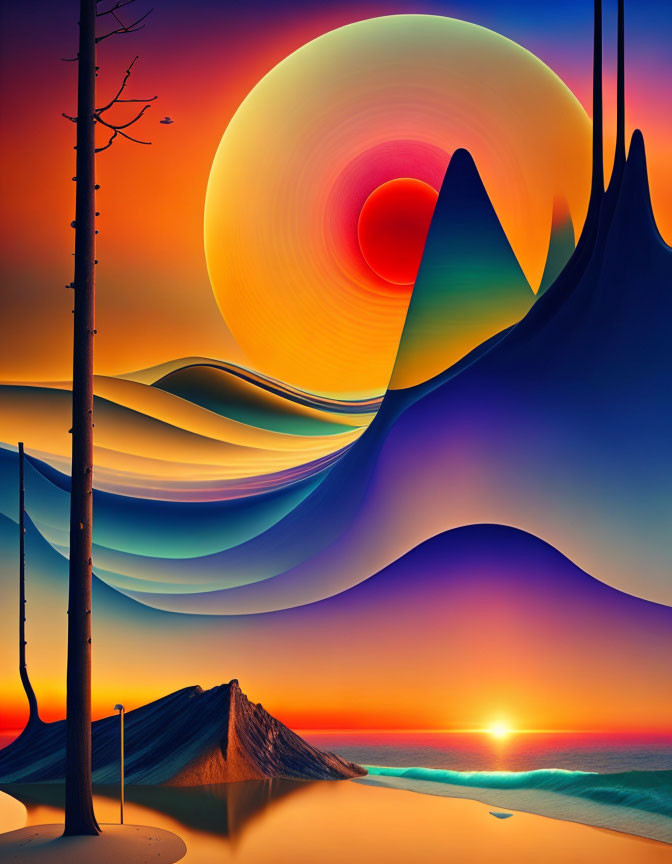 Colorful surreal landscape with flowing hills, sunset, stylized trees, peak, and circular gradient.