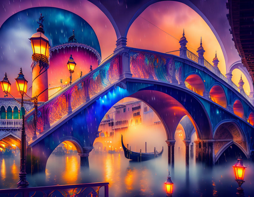 Colorful Venetian Canal with Ornate Bridges and Gondolas at Twilight