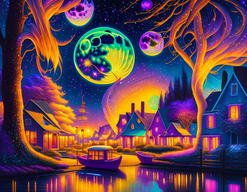 Colorful village canal painting with glowing boat and fantastical trees under starry sky