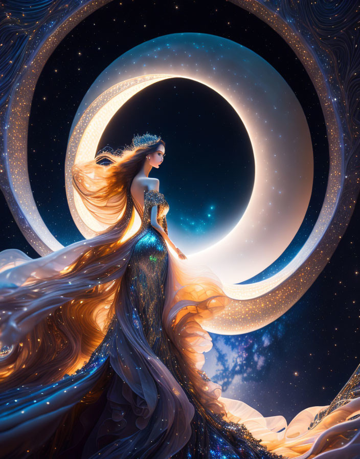 Regal woman in flowing gown under crescent moon in starry night sky