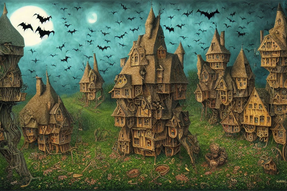 Fantastical village illustration with crooked houses, bats, and lush greenery