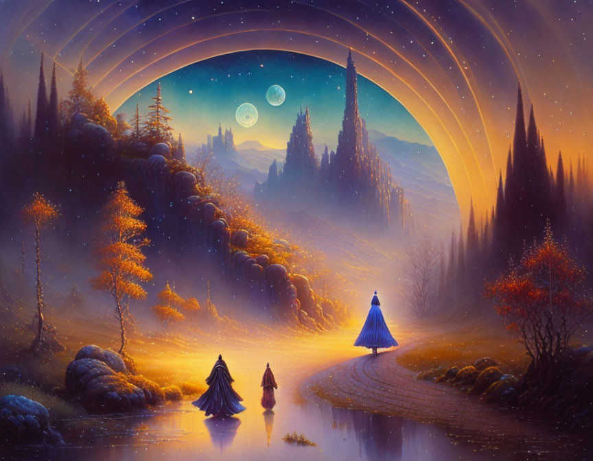 Three robed figures in mystical landscape with swirling skies, vibrant trees, castle, and moons